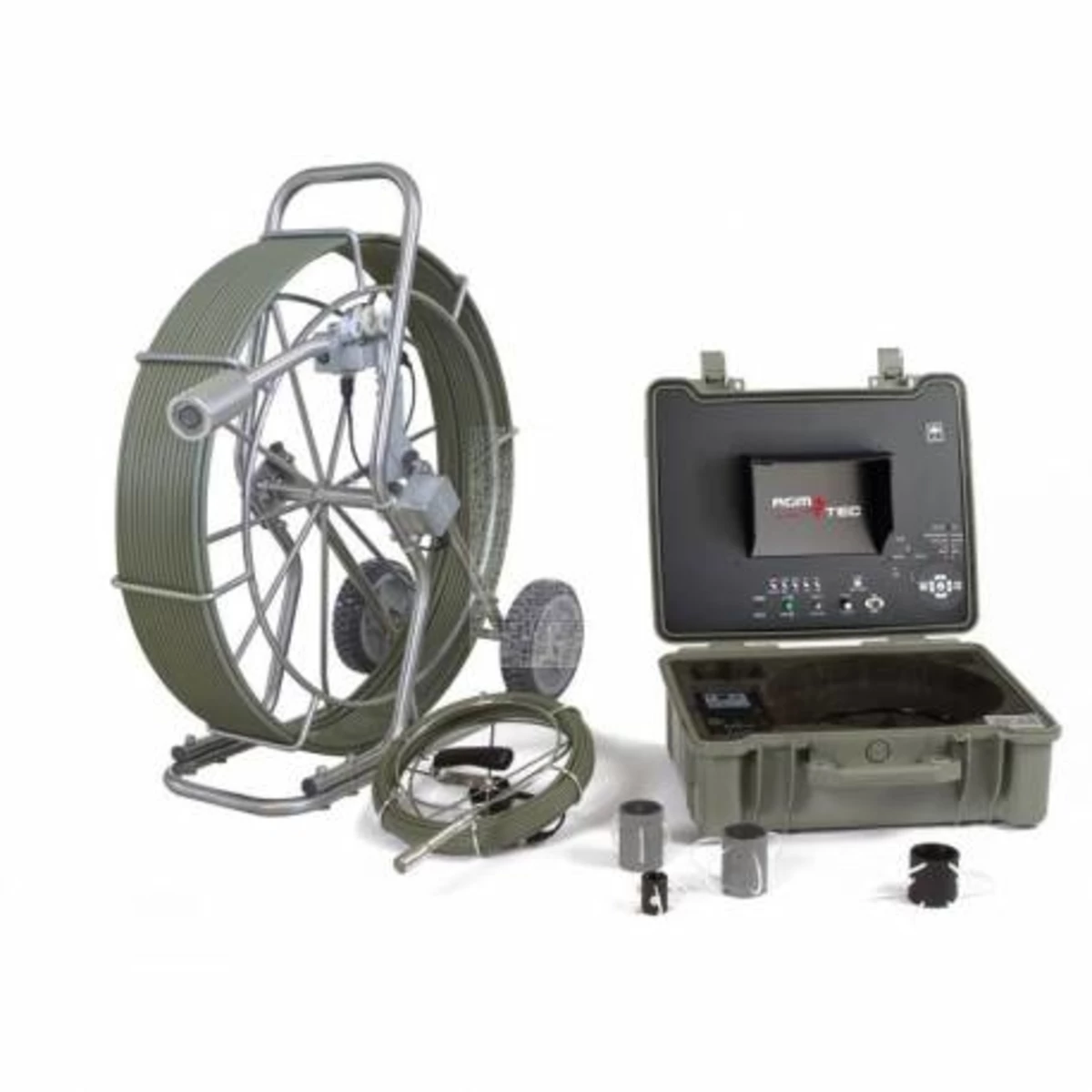 Système d'inspection vidéo de canalisation professionnel AGM TEC : enrouleur sur châssis roulant, valise moniteur et têtes de caméra interchangeables